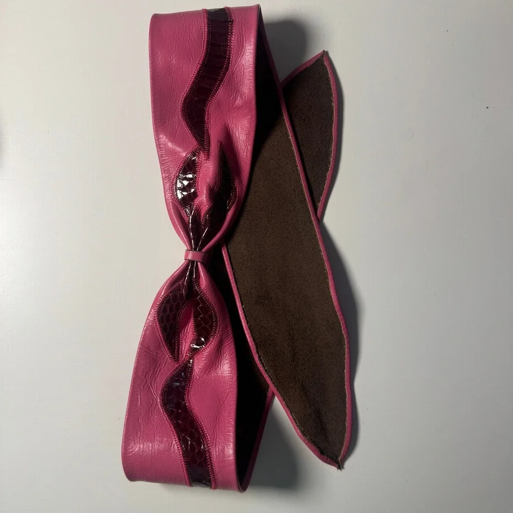 Vtg 80s Pink Leather Wrap Obi Belt Burgundy Snakeskin Embossed Bow Maximalist